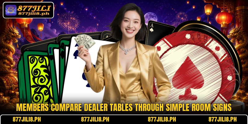 Members compare dealer tables through simple room signs